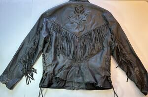 Black Leather Fringe Jacket Rose Cutout Womens XL